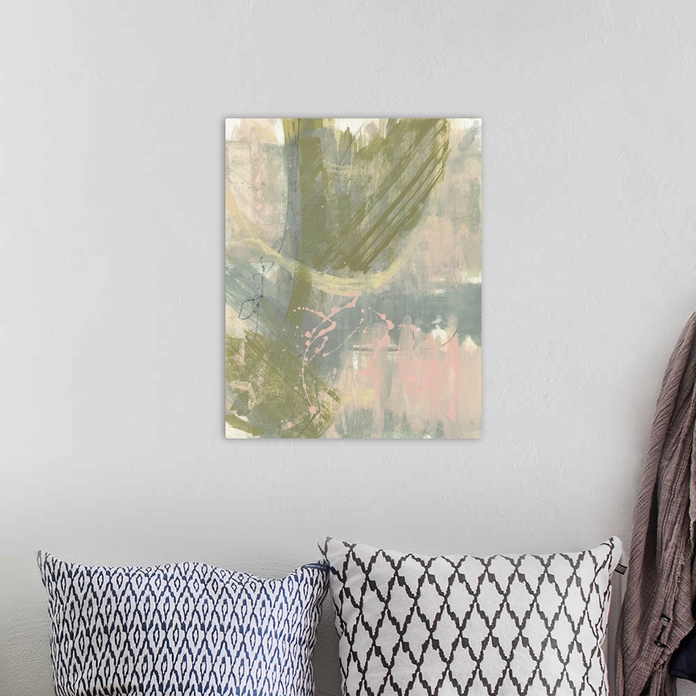 A bohemian room featuring Contemporary abstract in olive green, blush, and blue.