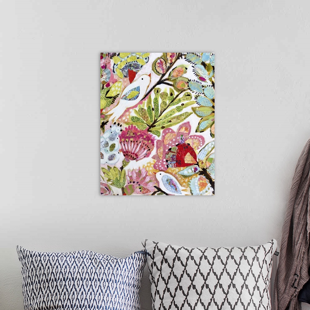 A bohemian room featuring Boho style artwork of white birds surrounded by colorful tropical flowers and leaves.