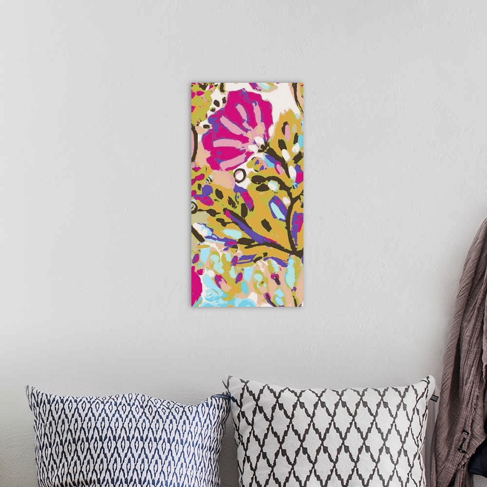 A bohemian room featuring Festive floral artwork in pink and purple on dusty yellow.
