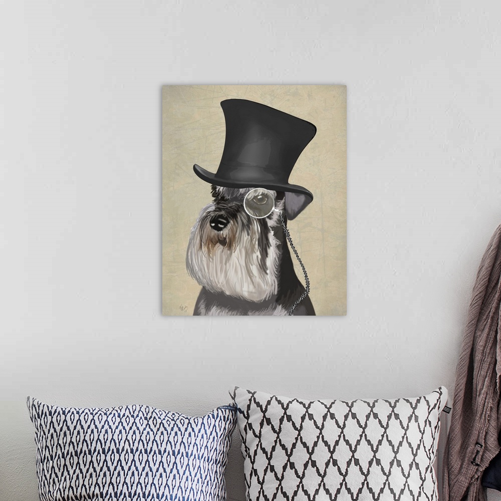 A bohemian room featuring A sharp-dressed schnauzer wearing a monocle and top hat.
