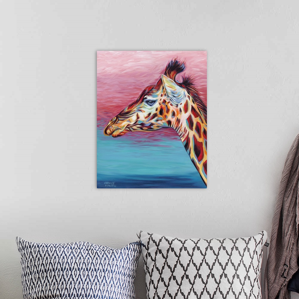 A bohemian room featuring Contemporary painting of a giraffe using swirling paint strokes.