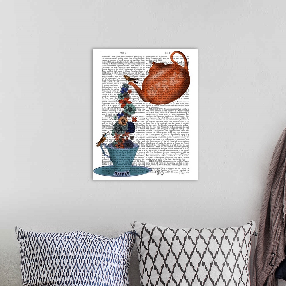 A bohemian room featuring Decorative artwork of a teapot pouring flowers into a teacup with two birds painted on the page o...