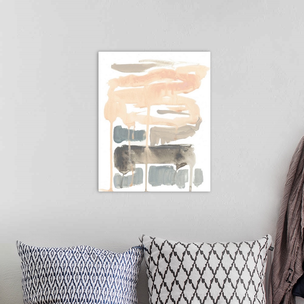 A bohemian room featuring Contemporary abstract painting of soft pink and gray brush strokes and paint drips.