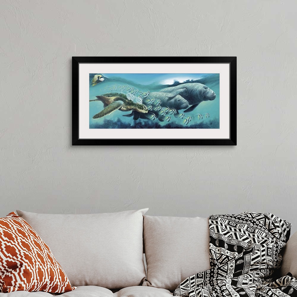 A bohemian room featuring A contemporary painting of a cross section view of marine life.
