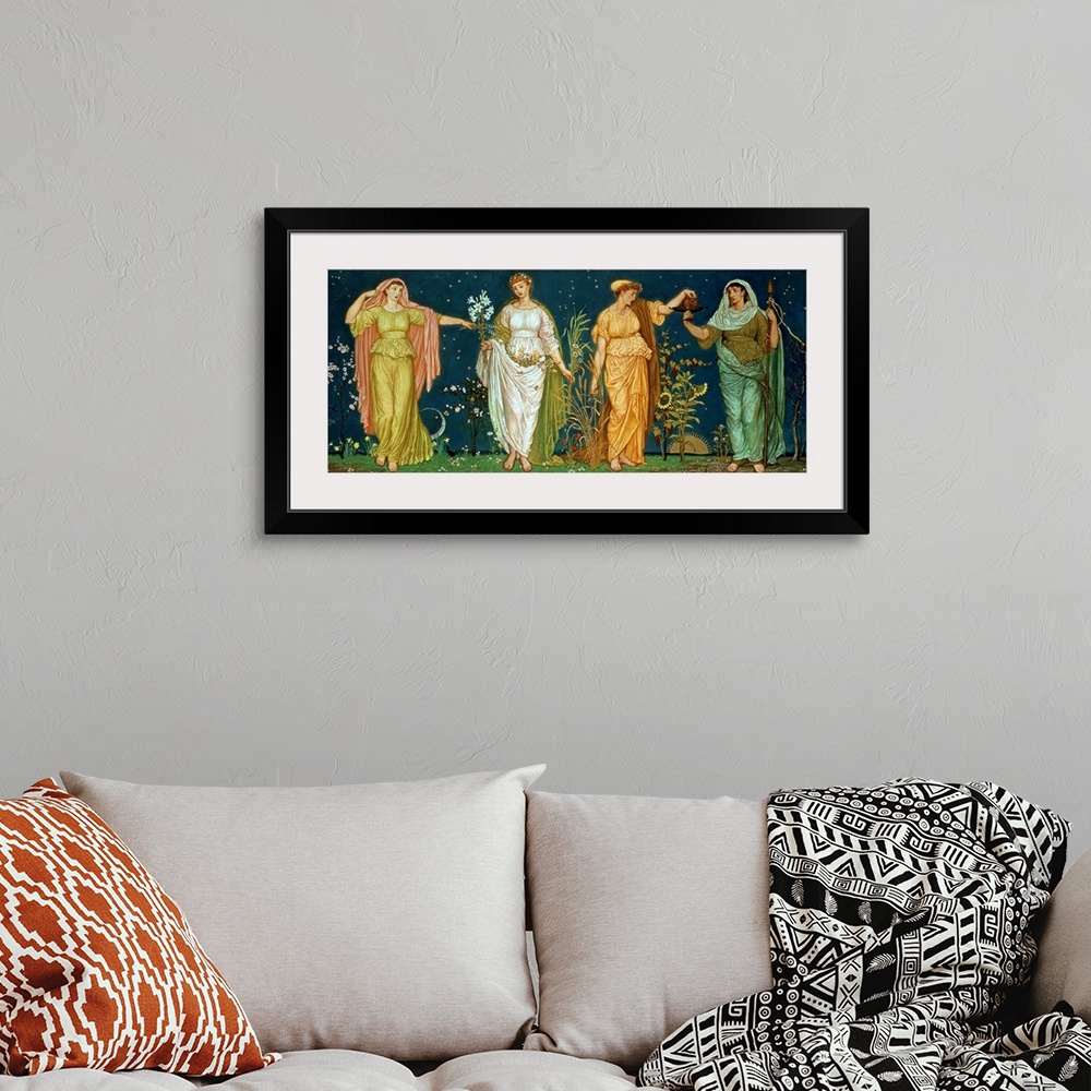 A bohemian room featuring Classic artwork that has four women each representing a different season from spring to winter.
