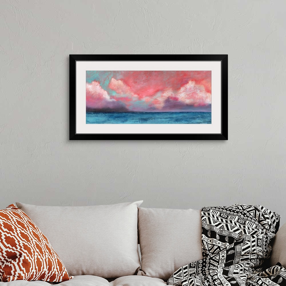 A bohemian room featuring Blue water and pink skies meet in this translucent seascape.
