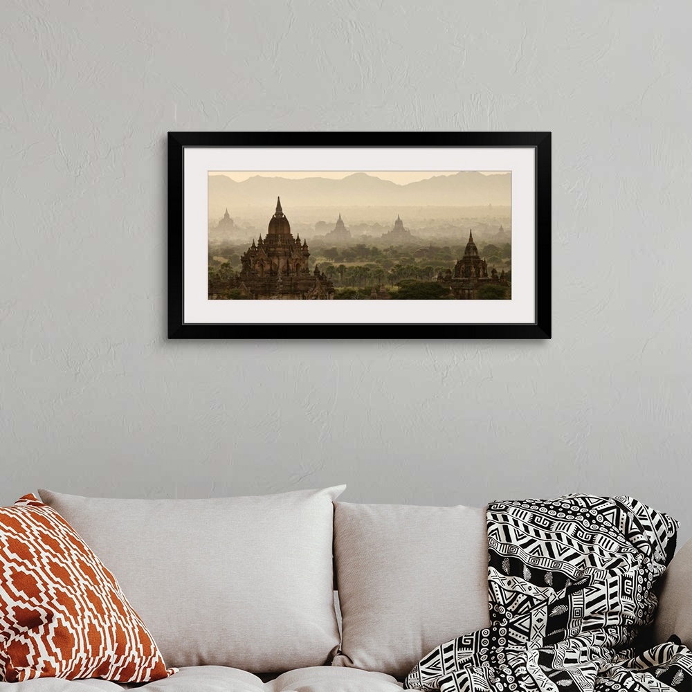 A bohemian room featuring The temples in Bagan, Burma at sunrise