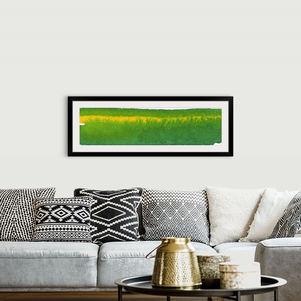 A bohemian room featuring Contemporary abstract painting using a rich kelly green and a golden yellow.