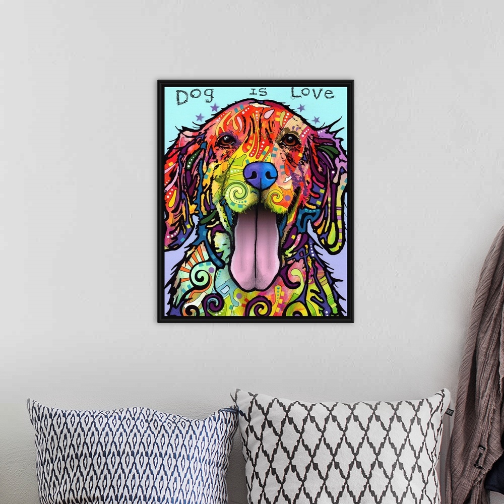 A bohemian room featuring "Dog is Love" handwritten above a colorful painting of a dog with its tongue out and abstract mar...