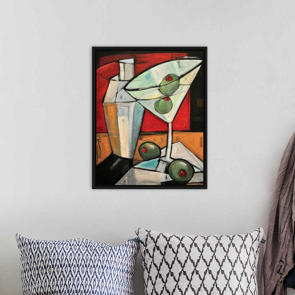 A bohemian room featuring Large, portrait, contemporary painting of a martini in a glass with two olives in it and two oliv...
