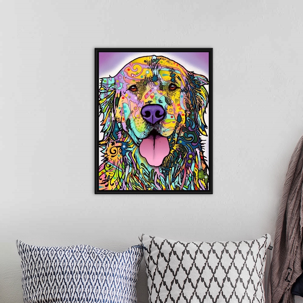 A bohemian room featuring In this abstract portrait of a dog the outline of the animal is filled in with colorful and vibra...