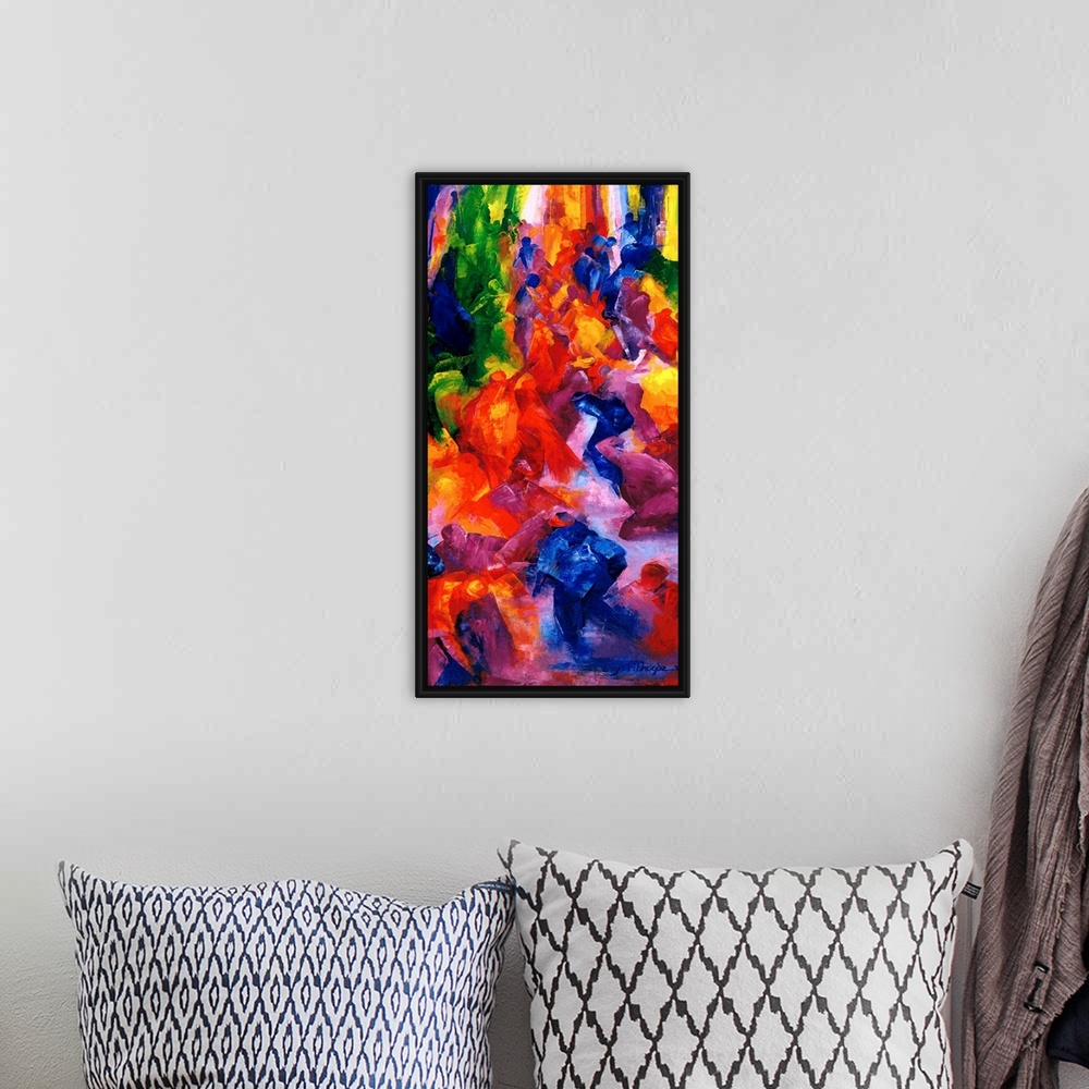A bohemian room featuring A vertical painting of people dancing at a nightclub as abstracted colors and shapes.