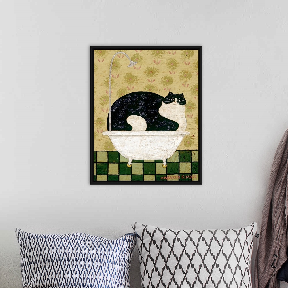 A bohemian room featuring Whimsical country bathroom artwork of a very large cat taking up an entire bath tub with a tiled ...
