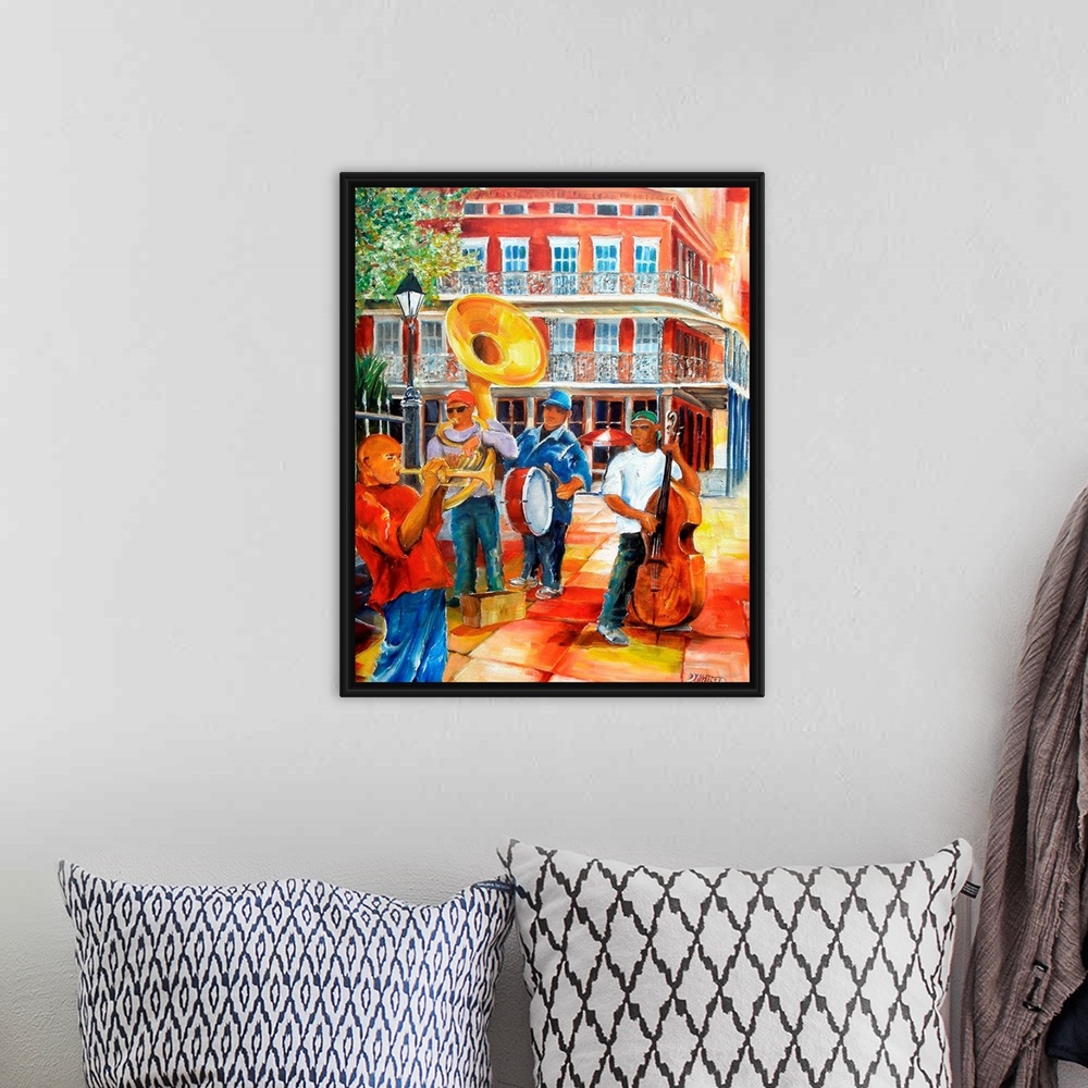 A bohemian room featuring Colorful contemporary painting of New Orleans' street musicians performing in Jackson Square.