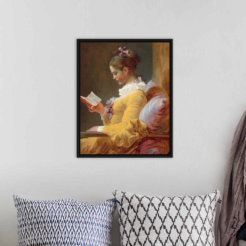 A bohemian room featuring Young Girl Reading, by Jean-Honore Fragonard, c. 1770, French painting, oil on canvas. The girl's...