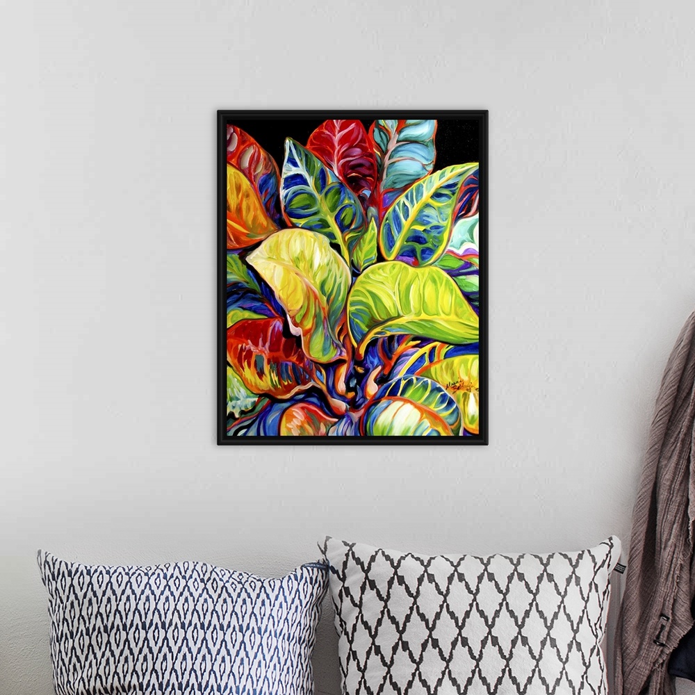 A bohemian room featuring Contemporary painting of colorful tropical leaves on a solid black background.
