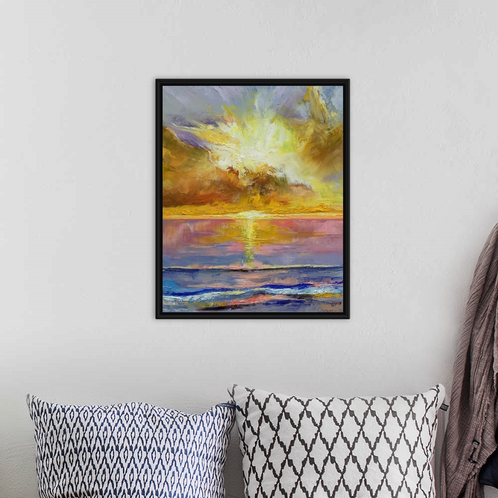 A bohemian room featuring Abstract oil painting of the setting sun over the ocean.  The partly cloud covered sun is reflect...