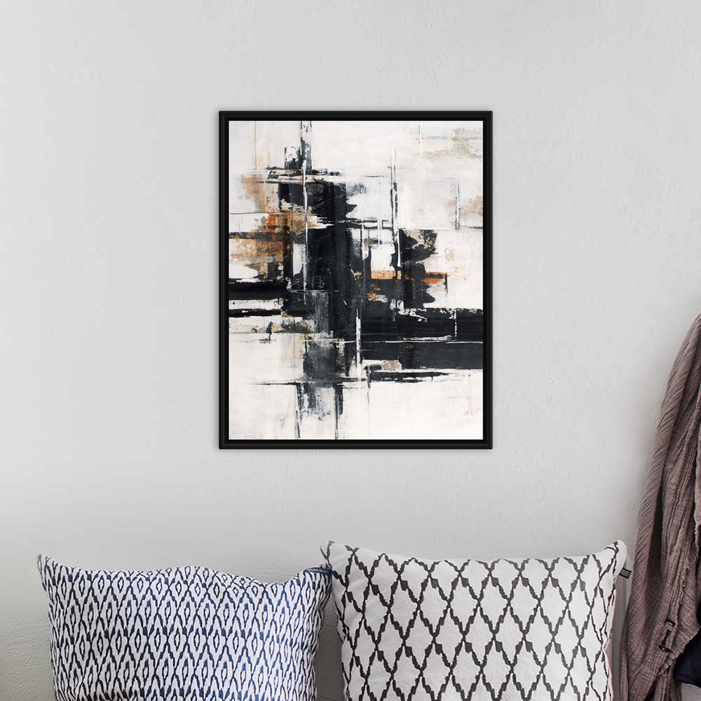 A bohemian room featuring Abstract contemporary painting with black horizontal strokes on white and brown.