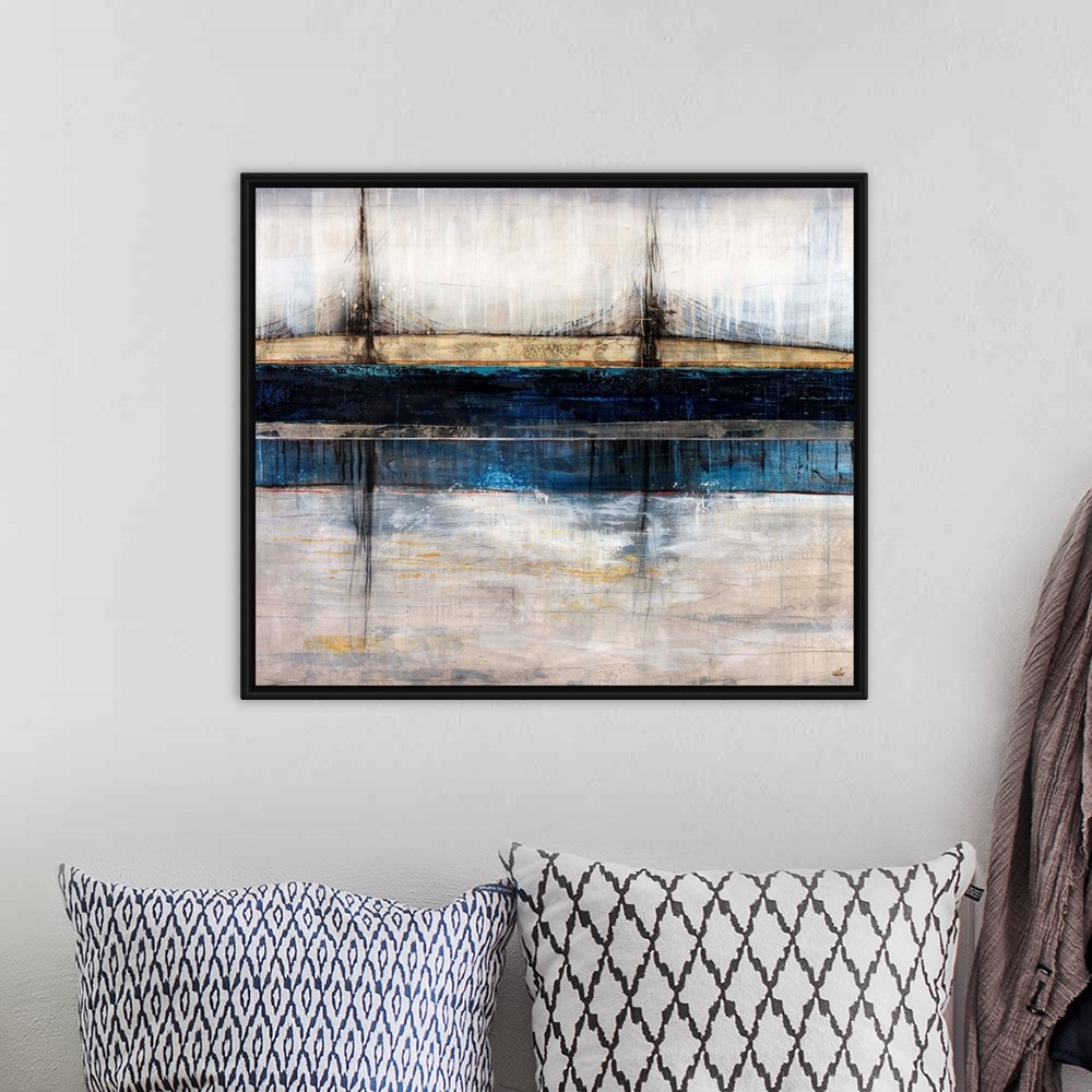 A bohemian room featuring Abstract art piece depicting a bridge in a city spanning across a river.