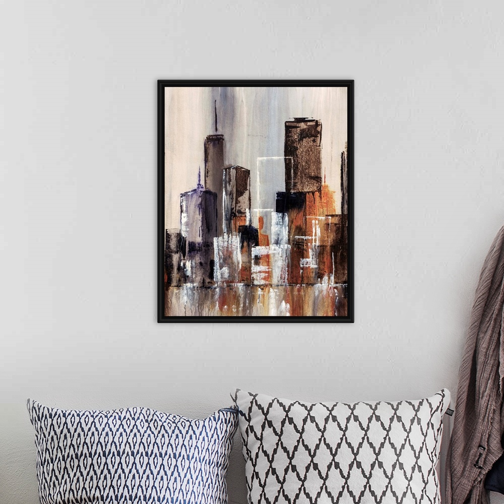 A bohemian room featuring Contemporary abstract painting of cityscape and waterfront. The painting uses simple geometric sh...