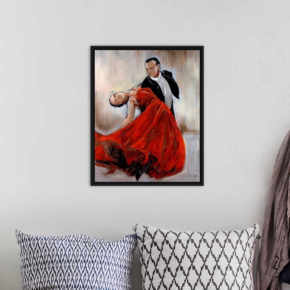 A bohemian room featuring Huge contemporary art depicts a man in a tuxedo dancing with a woman in a flowing bright dress wh...