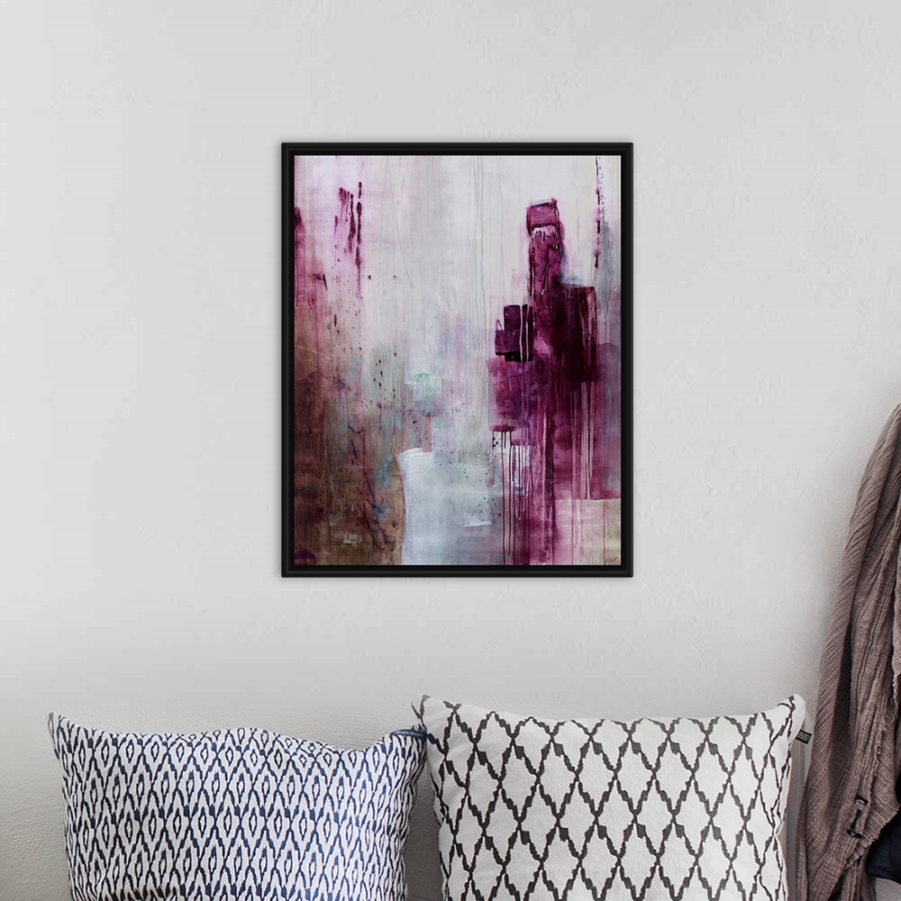 A bohemian room featuring Contemporary abstract painting of plum tones smeared in a downward motion against a faded backgro...