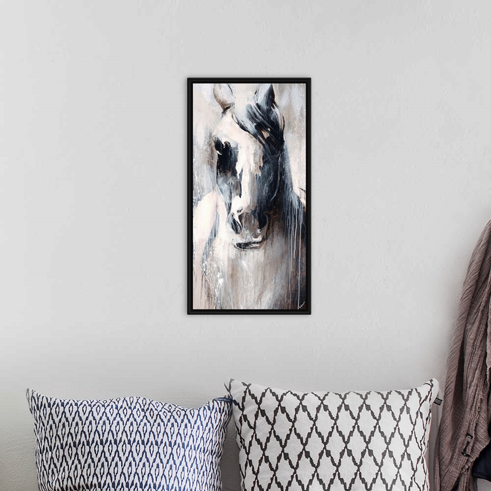 A bohemian room featuring Neutral-toned painting of a horse with paint drips.