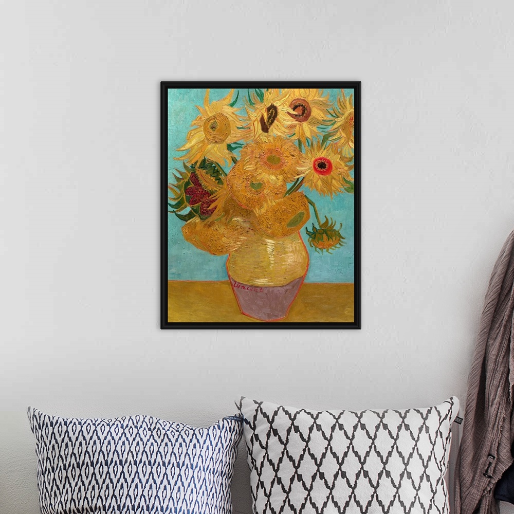 A bohemian room featuring Van Gogh, Sunflowers, 1889. 'Vase With Twelve Sunflowers.' Oil On Canvas, Vincent Van Gogh, Janua...