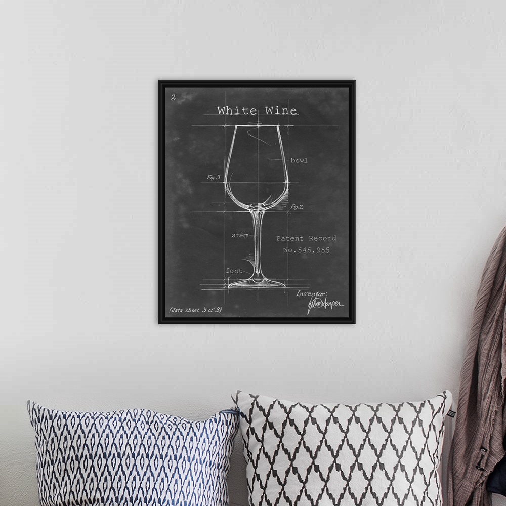 A bohemian room featuring Blueprint style artwork of a cocktail recipe perfect for a kitchen or home bar.