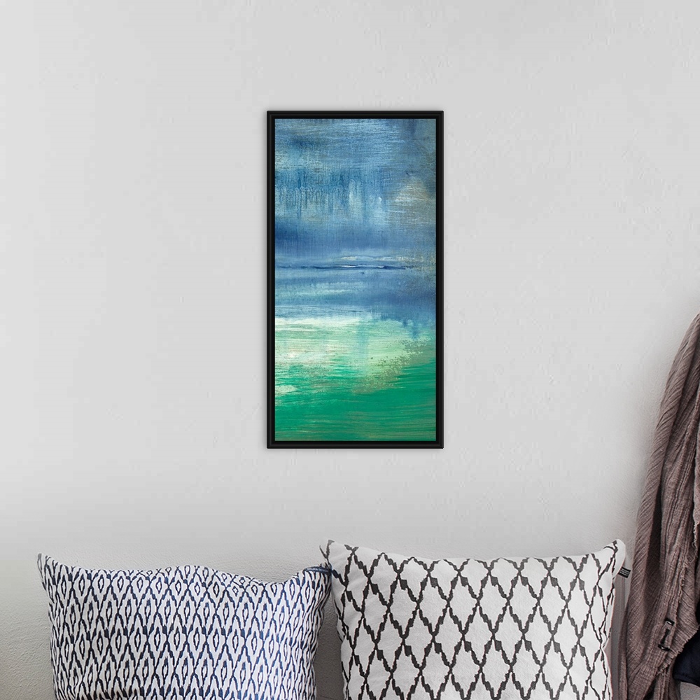 A bohemian room featuring Vertical abstract painting of a turquoise bay with a hazy sky and pastel water, with the subtle r...
