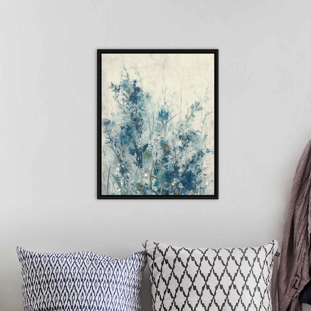 A bohemian room featuring Vertical contemporary painting of a garden of spring flowers in different shades of blue.