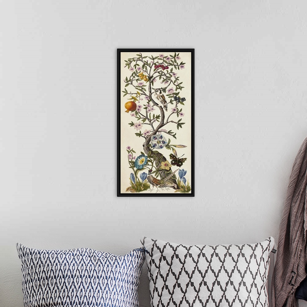A bohemian room featuring Vintage style artwork of a tree with flowering branches and butterflies.