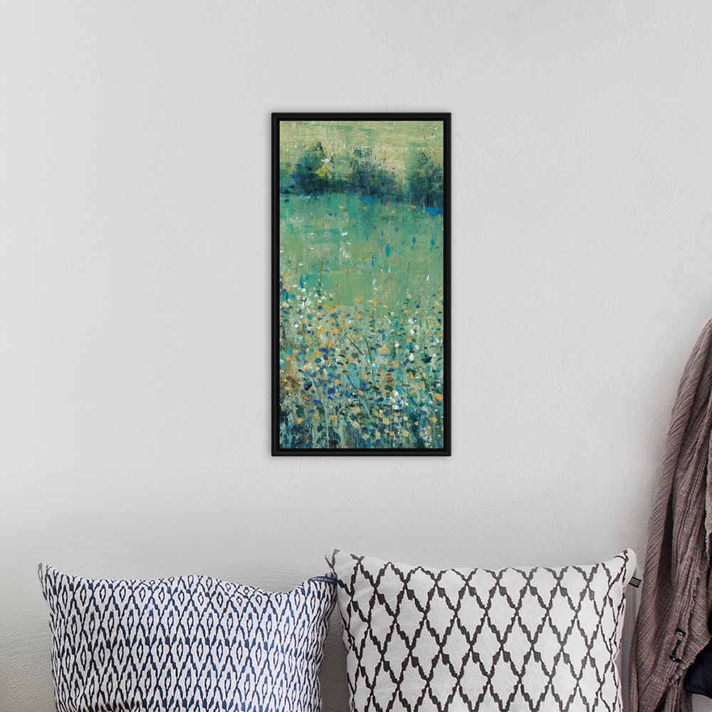 A bohemian room featuring Contemporary painting of an abstracted green meadow full of wildflowers.