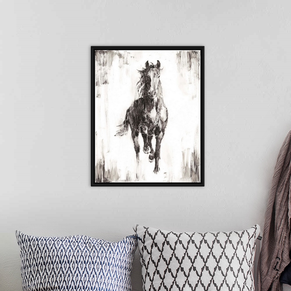 A bohemian room featuring Vertical painting of a running horse done if varies shades of gray and white with a rough brush s...