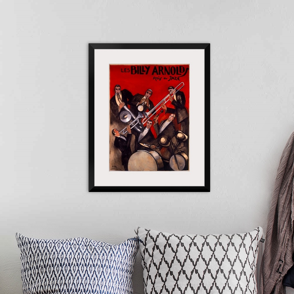 A bohemian room featuring This Art Deco wall art is a theatrical poster advertising a jazz orchestral band of musicians in ...