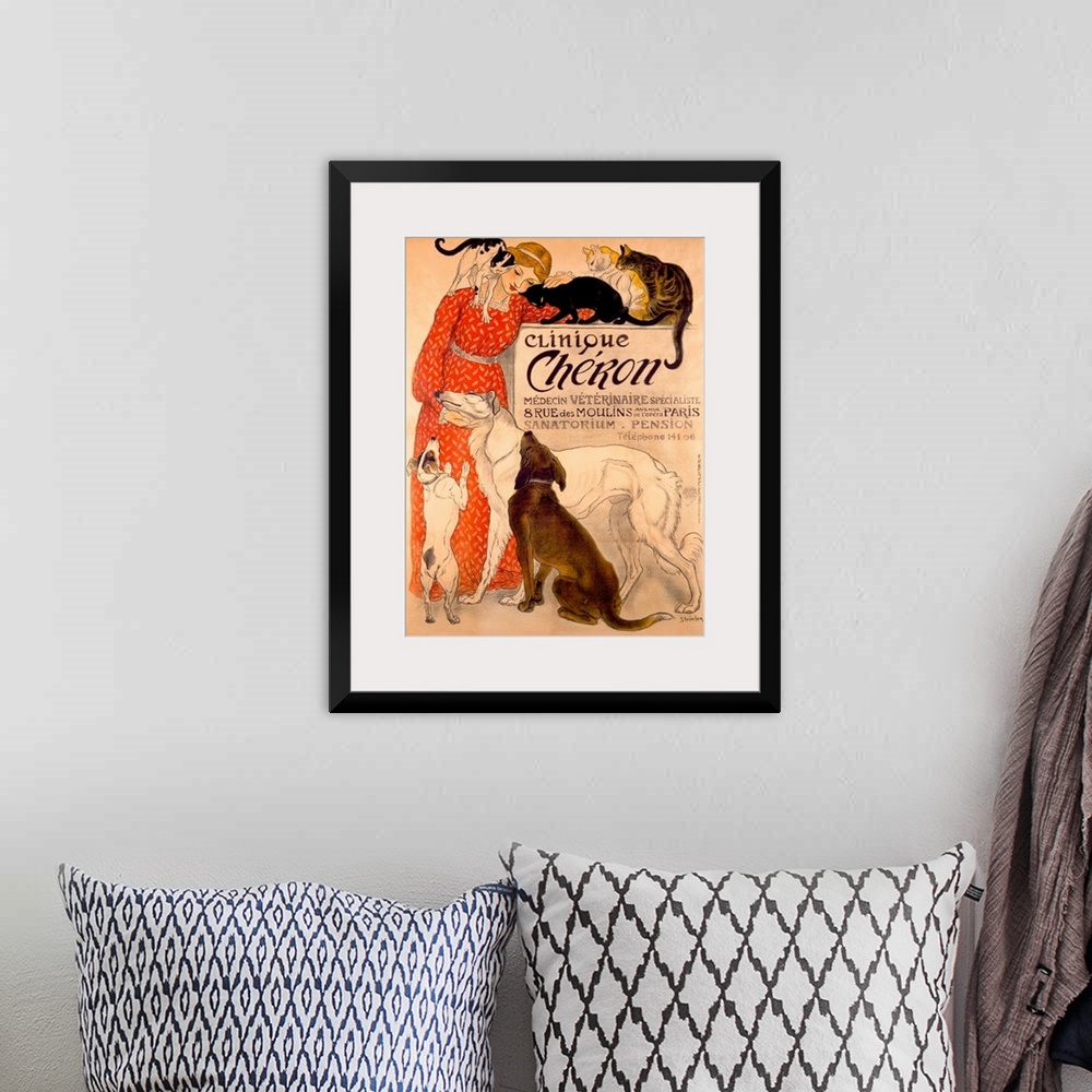 A bohemian room featuring Vintage artwork that shows a woman in a red dress being loved on by both cats and dogs.