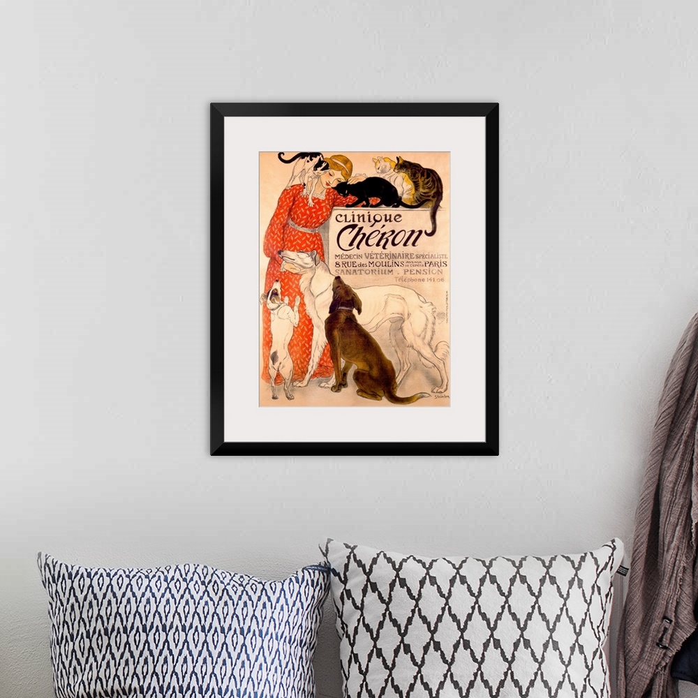 A bohemian room featuring Old advertising poster.  There is an image of a woman surrounded by cats and dogs that are vying ...