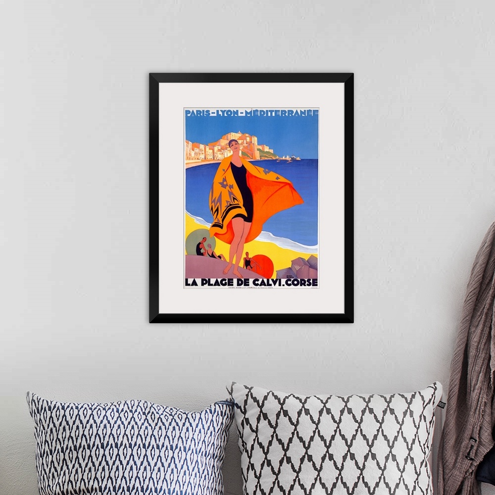 A bohemian room featuring Photograph of classic Art Deco poster that is bold and colorful.  The poster captures the essence...