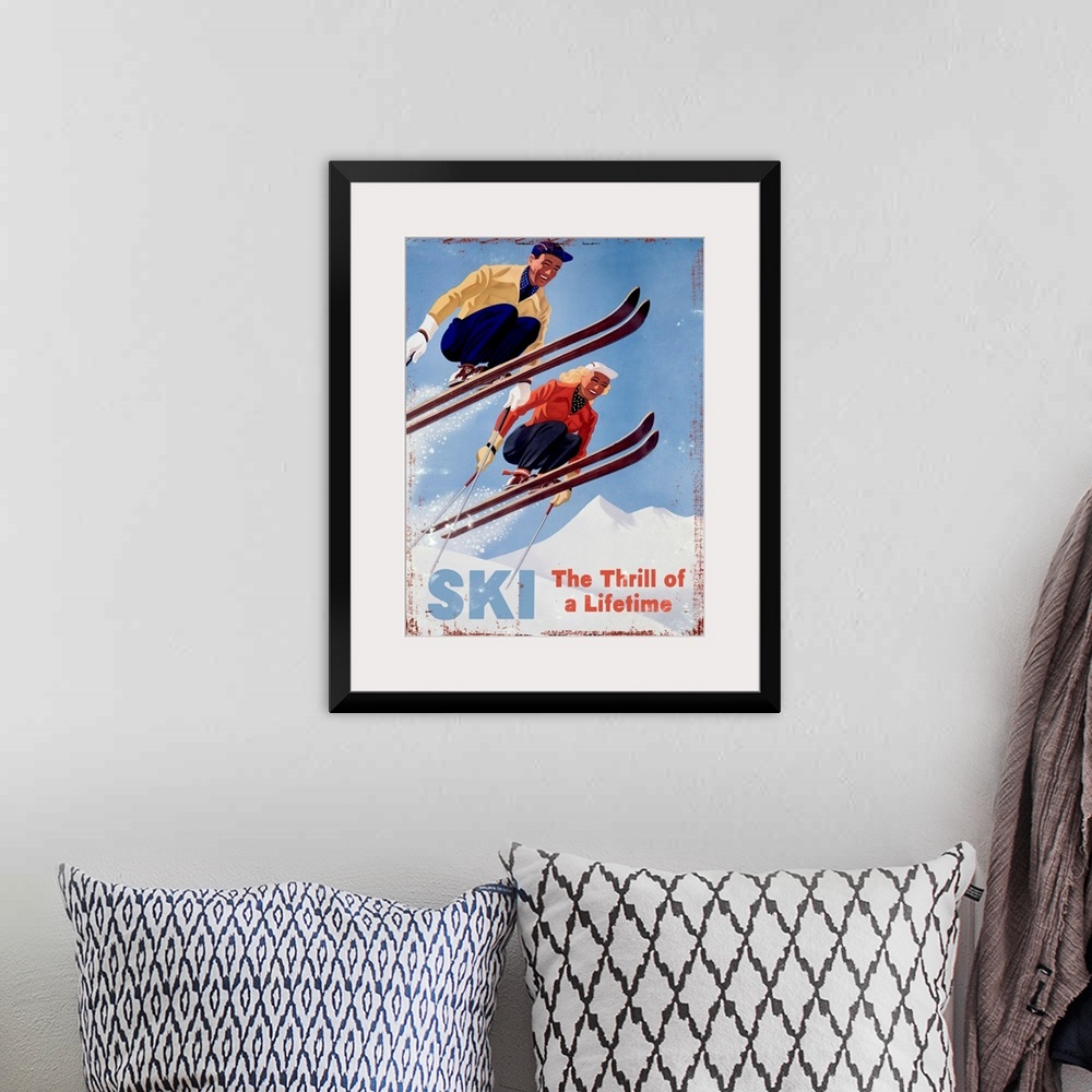 A bohemian room featuring Ski The Thrill of a Lifetime Vintage Advertising Poster