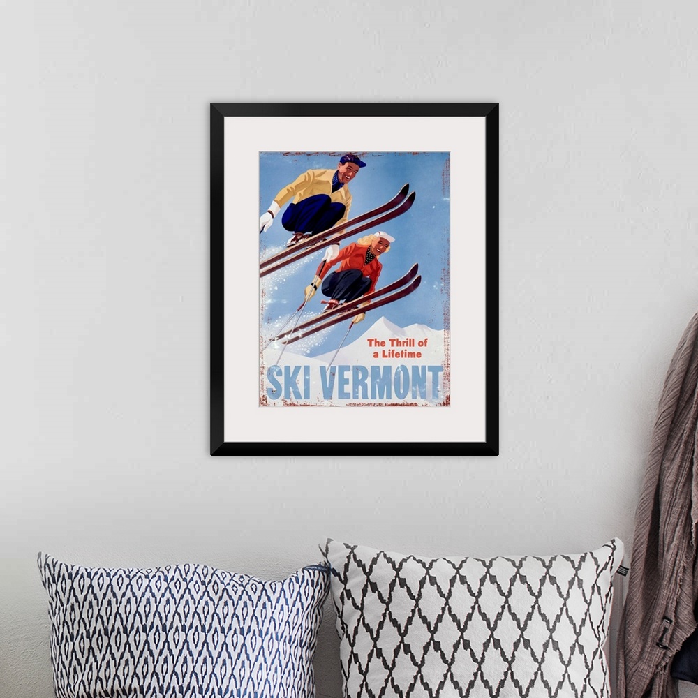 A bohemian room featuring Ski Vermont Vintage Advertising Poster