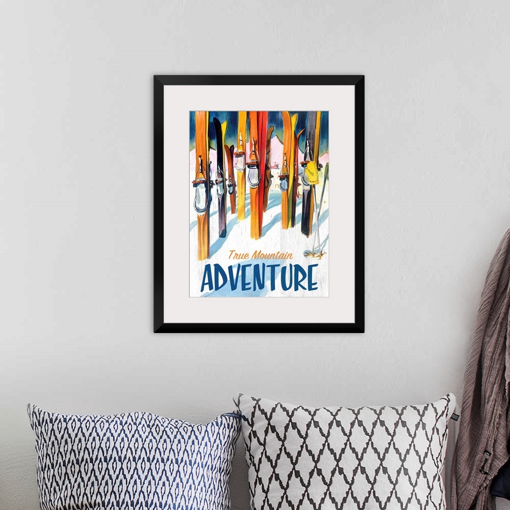 A bohemian room featuring True Mountain Adventure Vintage Advertising Poster