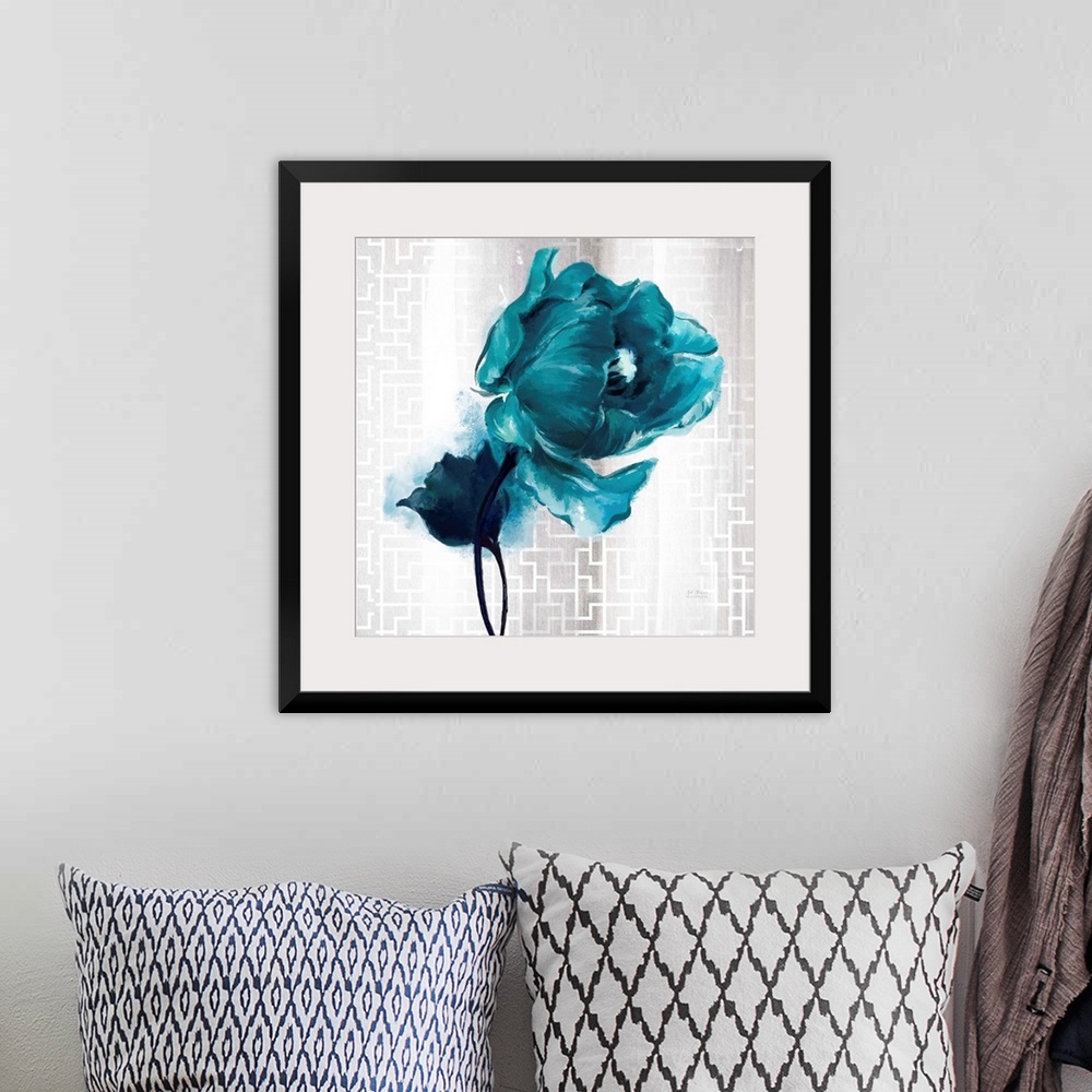 A bohemian room featuring Contemporary home decor art of  turquoise flower against a silver patterned background.