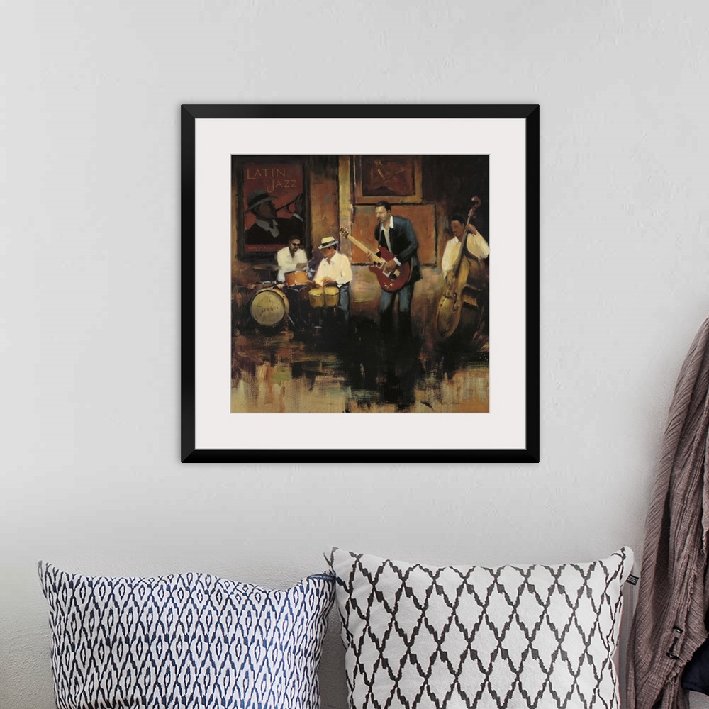 A bohemian room featuring Contemporary painting of a group of jazz musicians playing the bongos, guitar, bass, and drums.