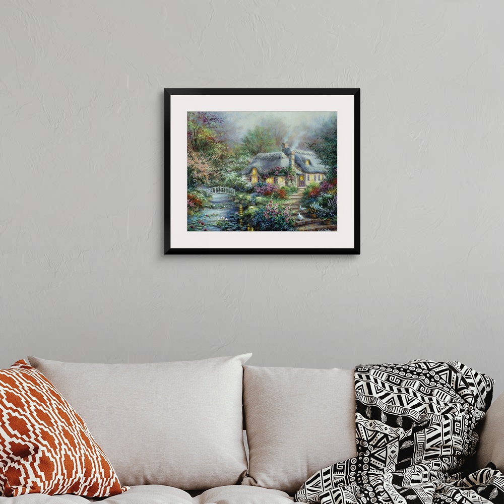 A bohemian room featuring Painting of a thatched cottage next to a stream. Product is a painting reproduction only, and doe...
