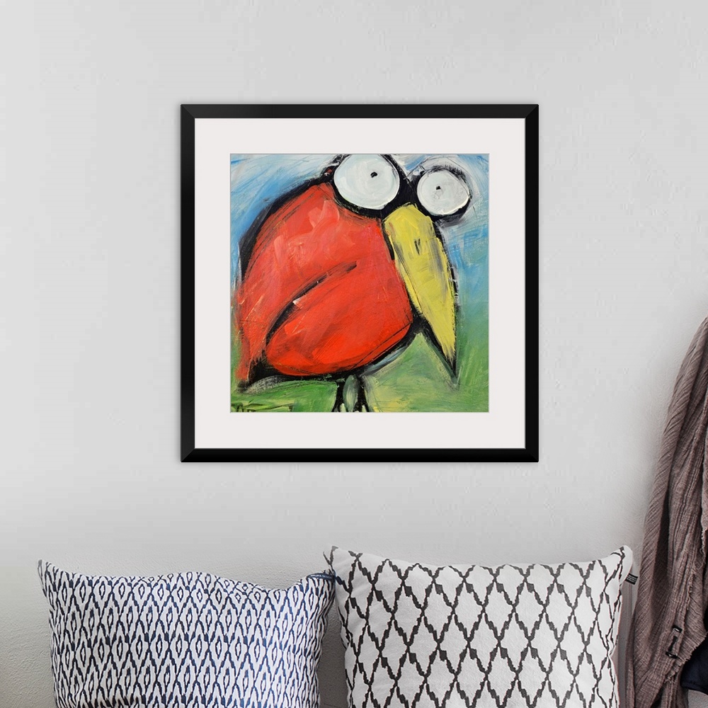 A bohemian room featuring An energetic and delightfully goofy painting of a cartoonish red bird with bugging eyes on square...