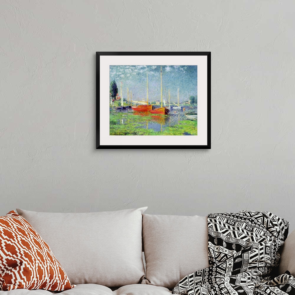 A bohemian room featuring Oversized, horizontal, classic painting of numerous boats floating in calm waters of blue and gre...