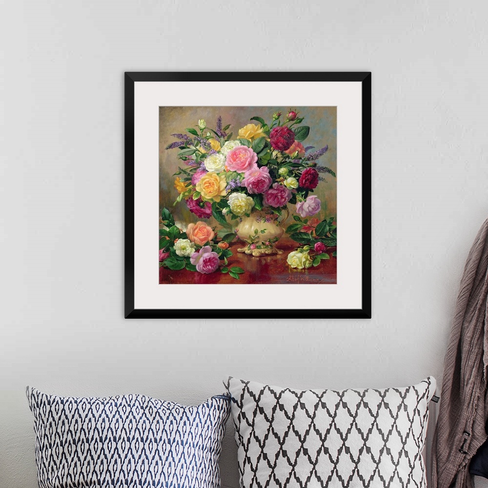 A bohemian room featuring Huge floral painting shows an arrangement of various colorful roses from a garden sitting in a va...