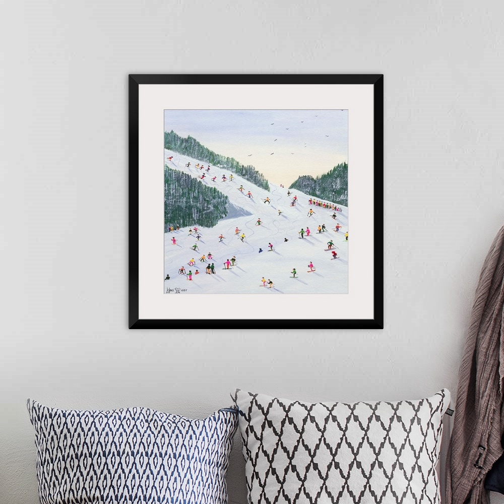 A bohemian room featuring Contemporary painting of several people skiing on a hill in the late afternoon.