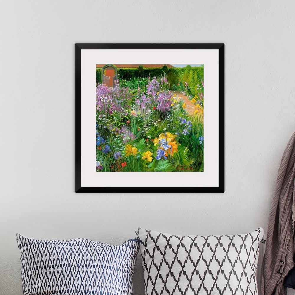 A bohemian room featuring Square painting of different types and colors of flowers planted in a garden.