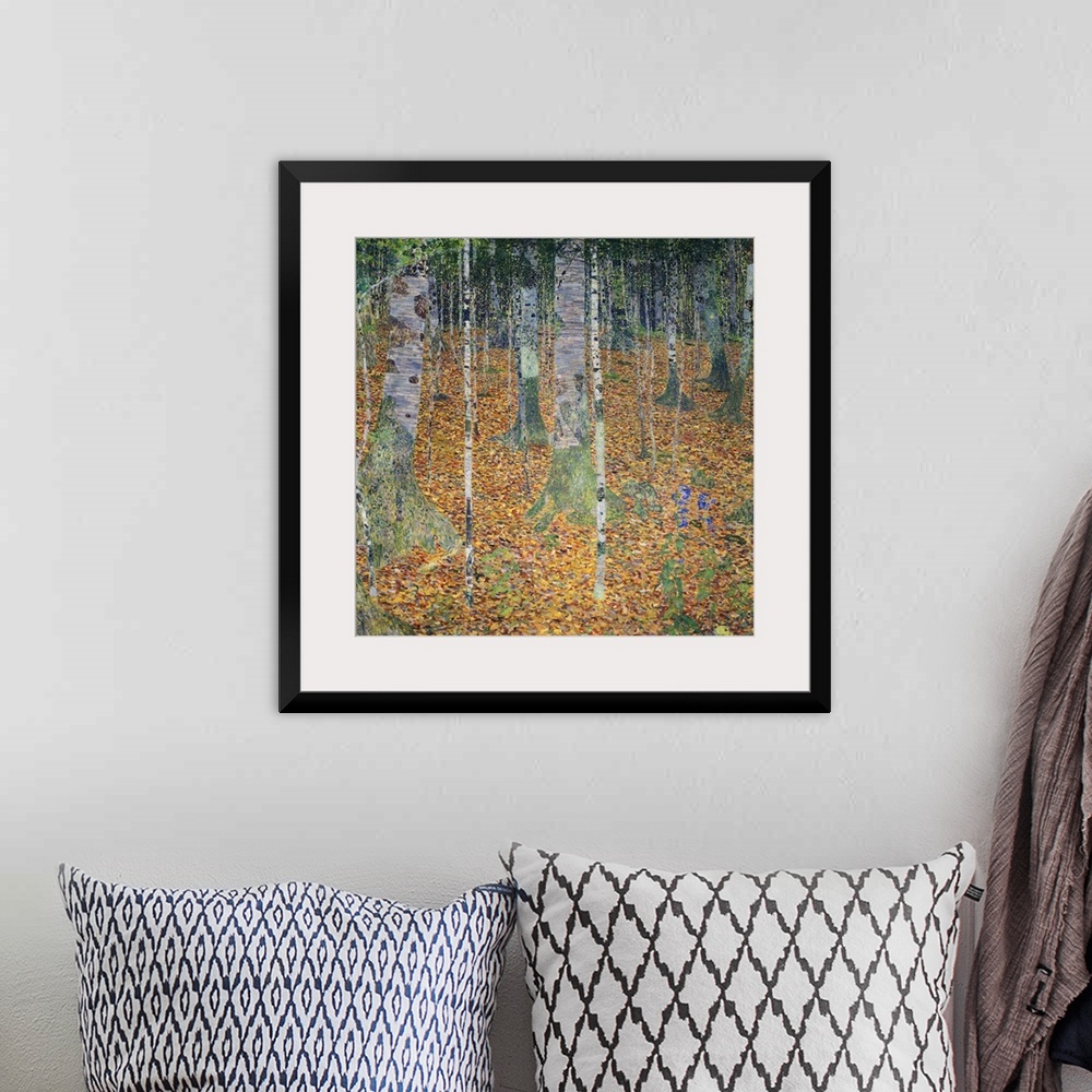 A bohemian room featuring A square, modern art painting of a forest floor covered with leaves and moss covered birch trees.